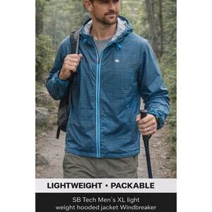 SB Tech Mens XL Lightweight Packable Hooded Jacket Windbreaker Hiking Travel